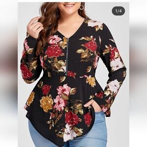 Rosegal Black Floral Peplum zip Front Top 4x